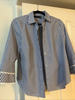 Rafaella Navy and White Vertical Stripe Button-Down Shirt